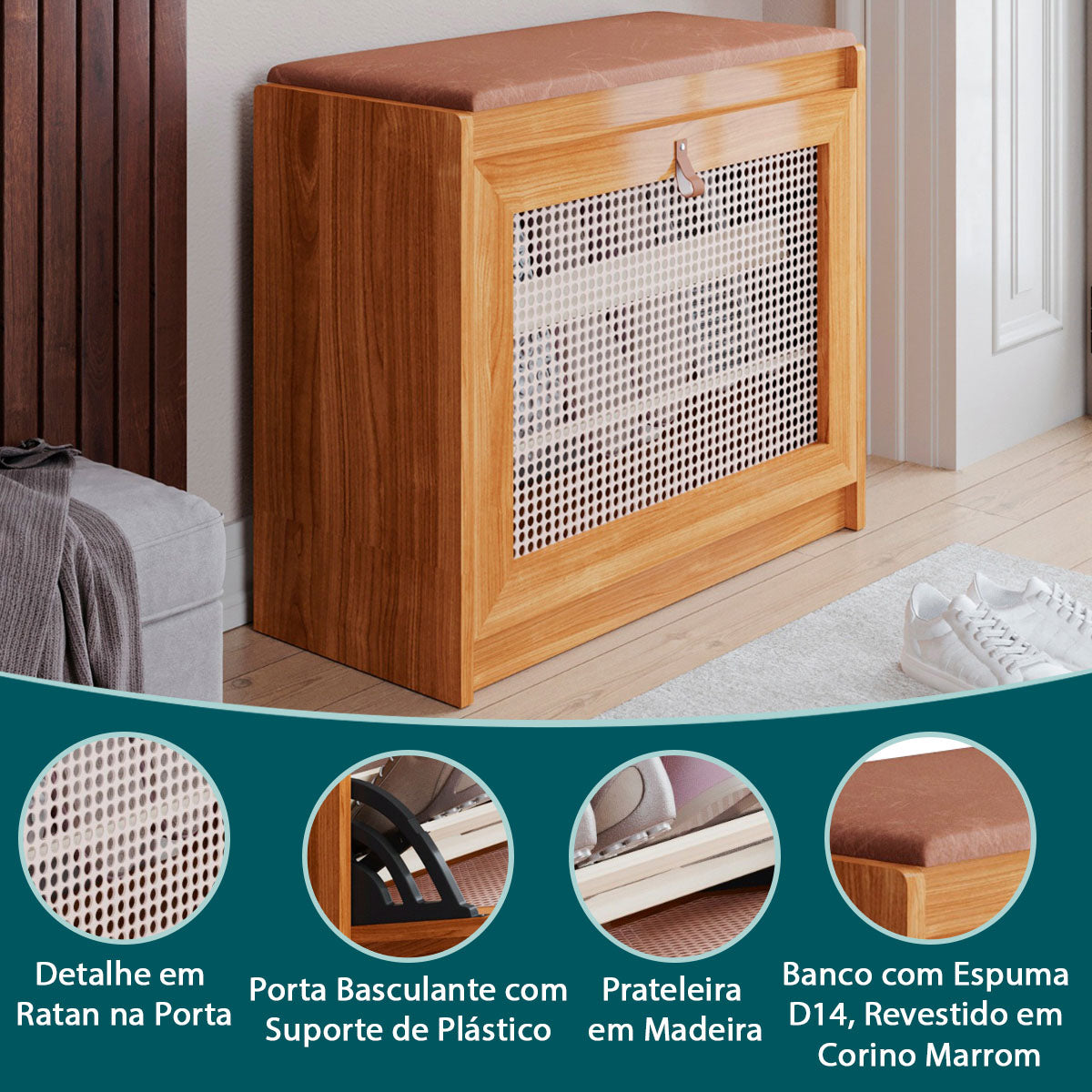 Sapateira Banco Estofado Plenitude em Madeira com Prateleira Detalhe na Porta em Ratan - LH Móveis