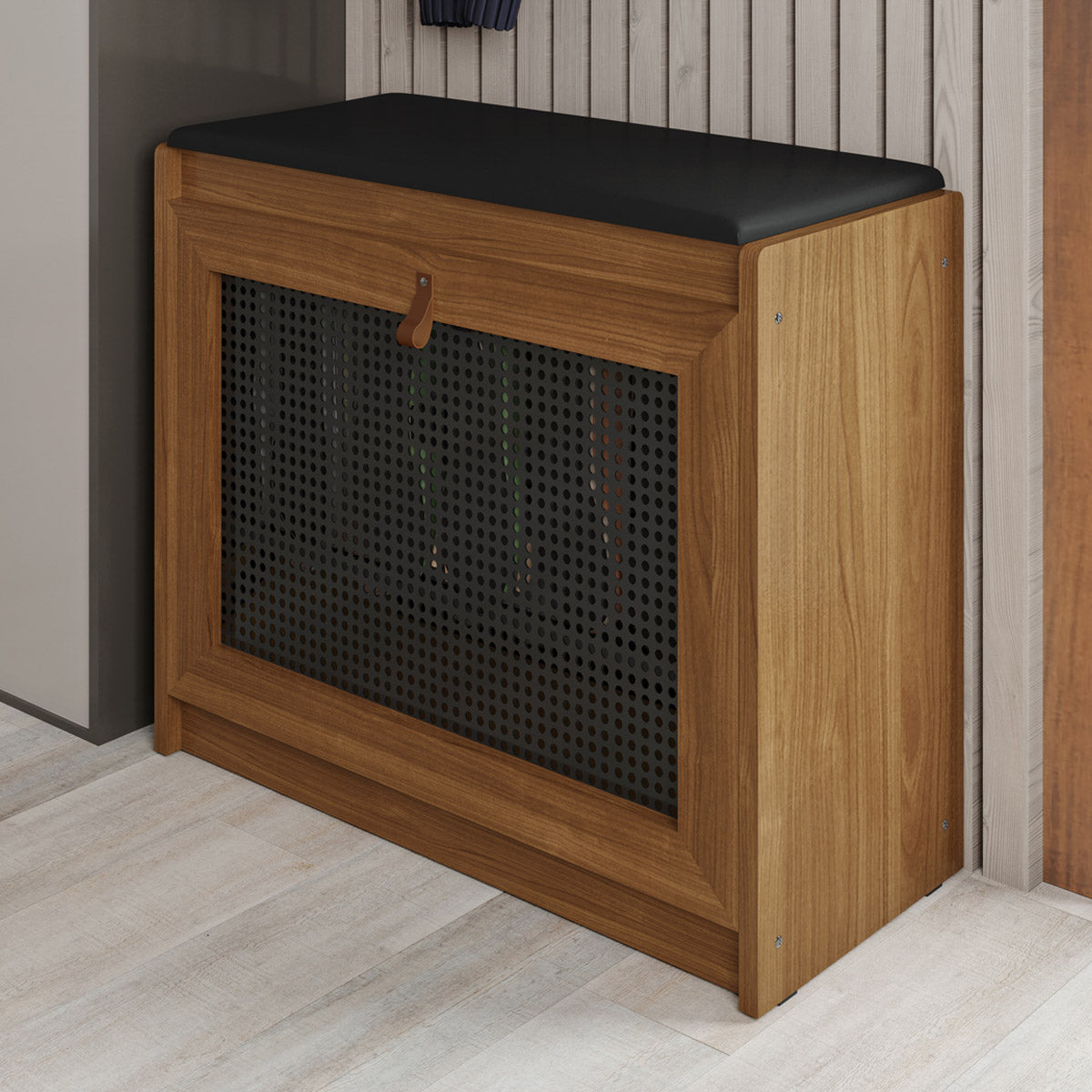 Sapateira Banco Estofado Plenitude em Madeira com Prateleira Detalhe na Porta em Ratan - LH Móveis