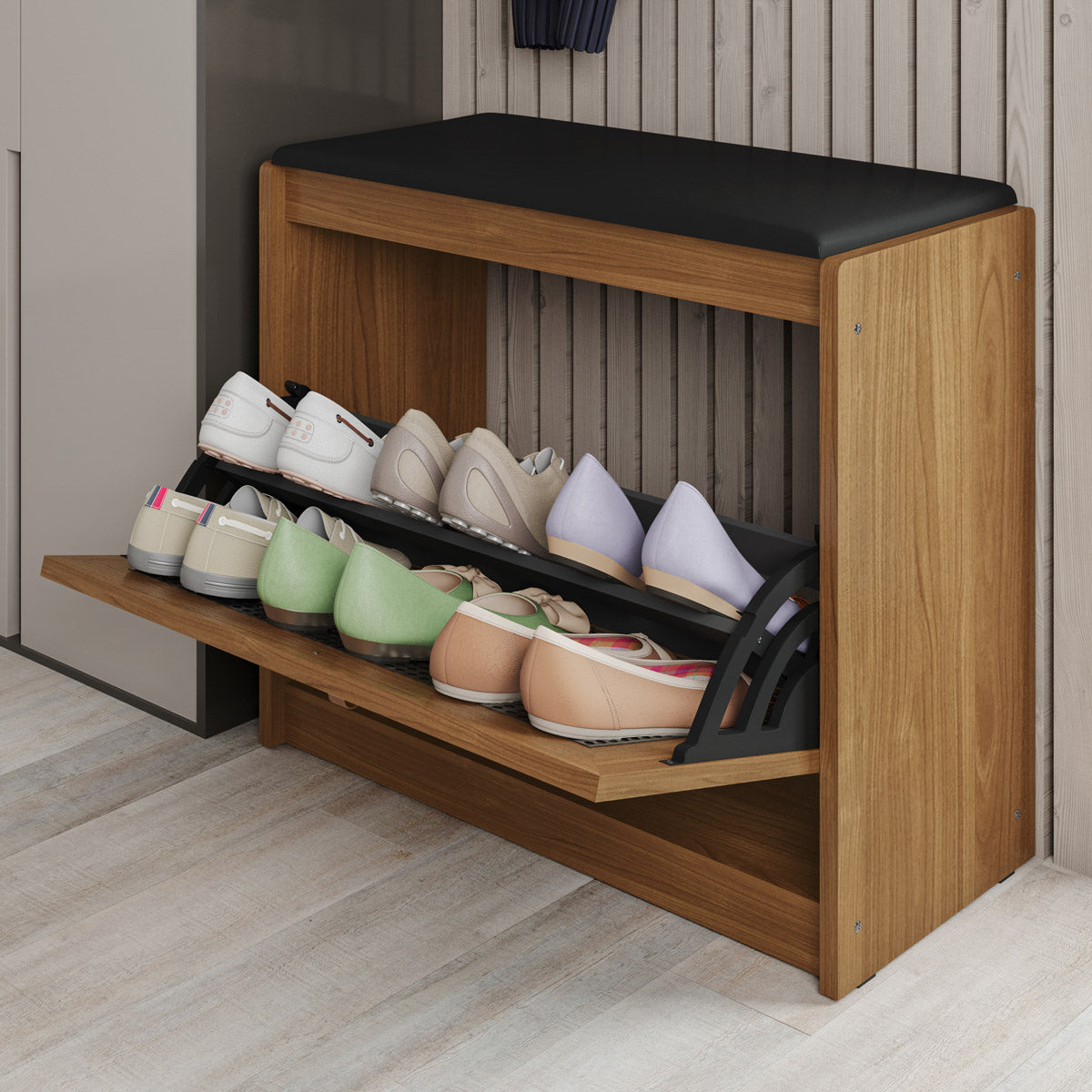 Sapateira Banco Estofado Plenitude em Madeira com Prateleira Detalhe na Porta em Ratan - LH Móveis