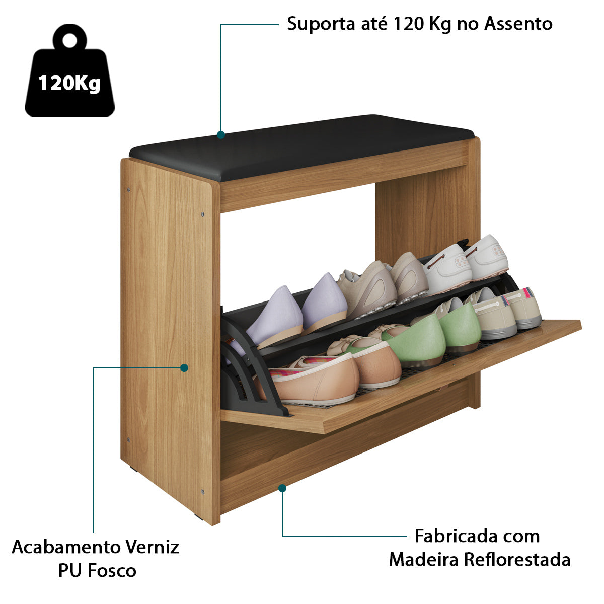 Sapateira Banco Estofado Plenitude em Madeira com Prateleira Detalhe na Porta em Ratan - LH Móveis