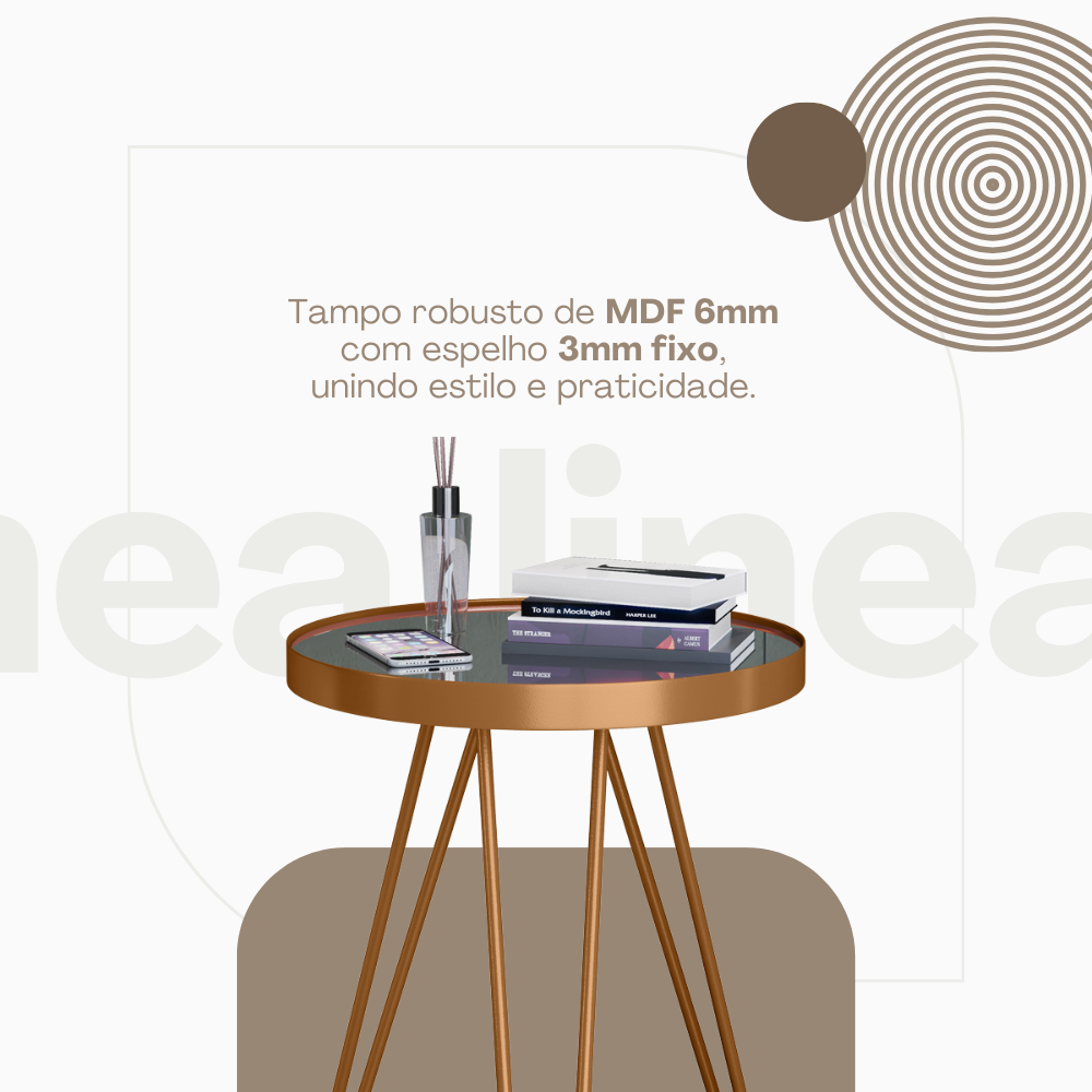 Mesa Lateral Linea Tripé Em Aço Estilo Industrial Tampo Redondo Com Espelho - LH Móveis