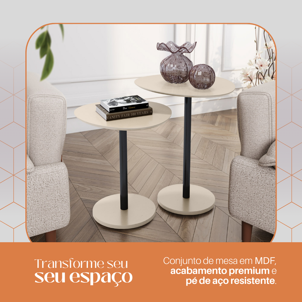 Conjunto 2 Mesas Laterais Design Vitta Orgânico Haste em Aço Preto para Decoração Apoio - LH Móveis