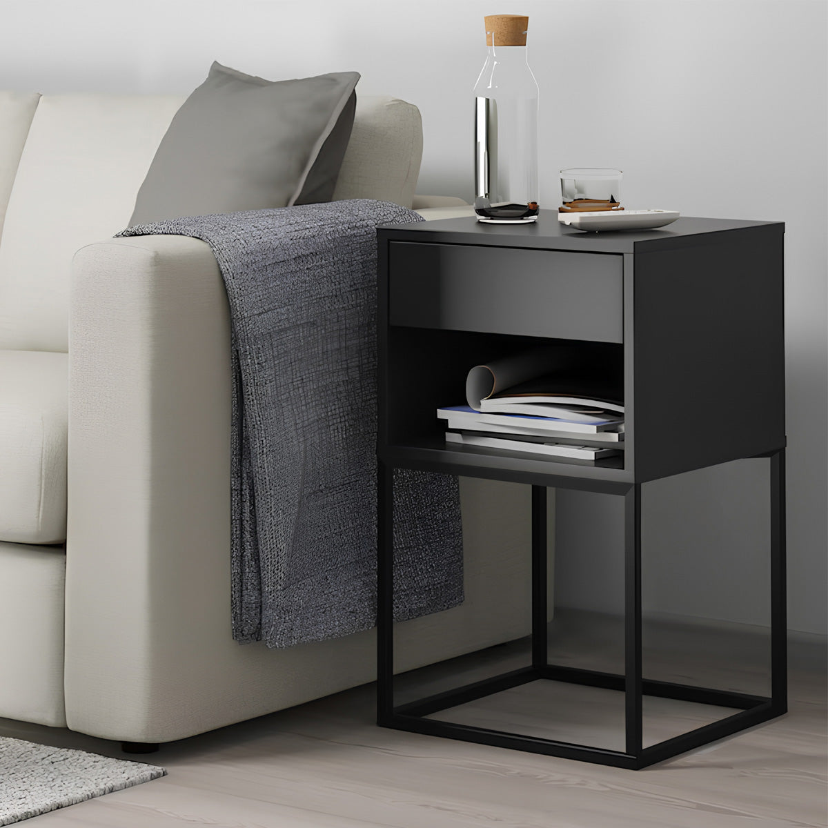 Conjunto 2 Mesas de Cabeceira Sofia Estilo Industrial 1 Gaveta Com Nicho Base de Aço - LH Móveis