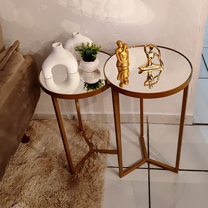 Conjunto Mesa Lateral Steel Glass Base de Aço Tampo com Espelho Estilo Industrial - LH Móveis