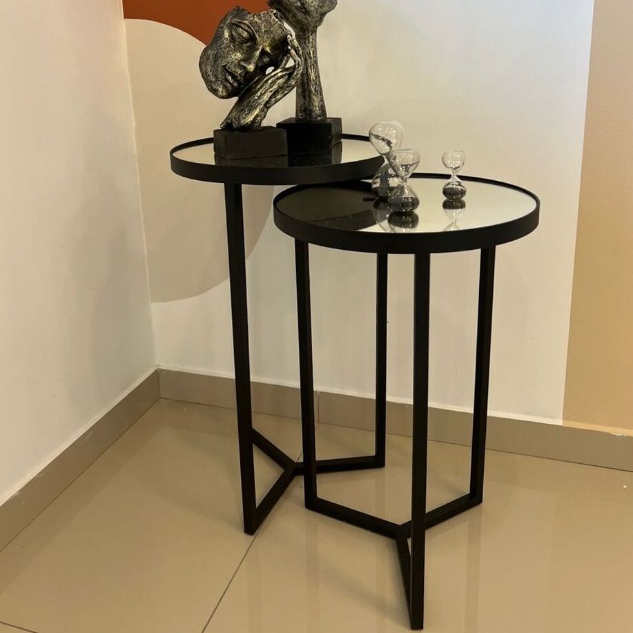 Conjunto Mesa Lateral Steel Glass Base de Aço Tampo com Espelho Estilo Industrial - LH Móveis