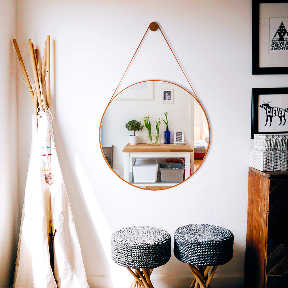 Espelho Adnet 60 cm Redondo Decorativo Para Sala Hall Banheiro Moldura em Couro Legítimo