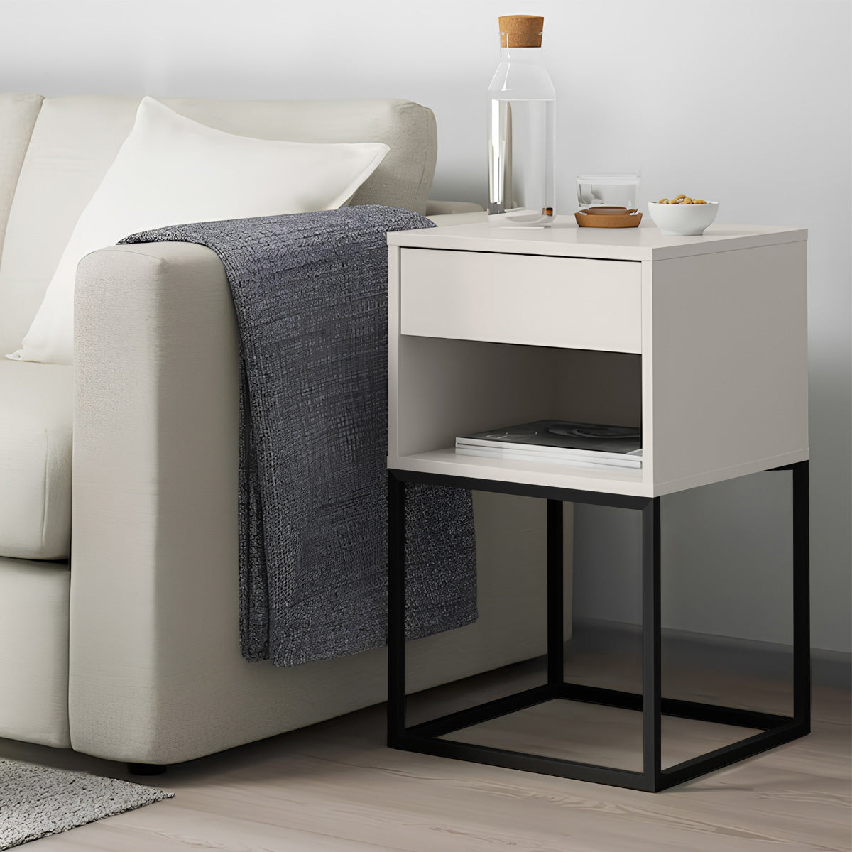 Conjunto 2 Mesas de Cabeceira Sofia Estilo Industrial 1 Gaveta Com Nicho Base de Aço - LH Móveis