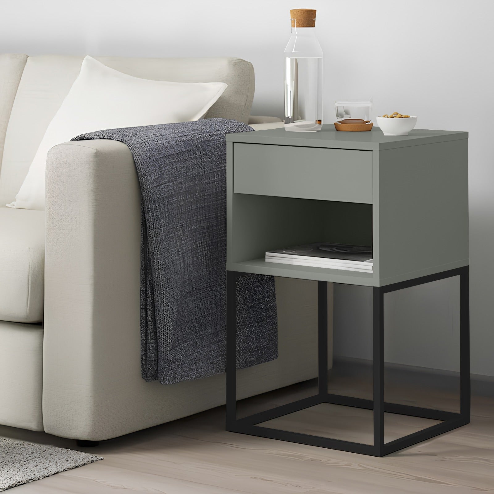 Conjunto 2 Mesas de Cabeceira Sofia Estilo Industrial 1 Gaveta Com Nicho Base de Aço - LH Móveis