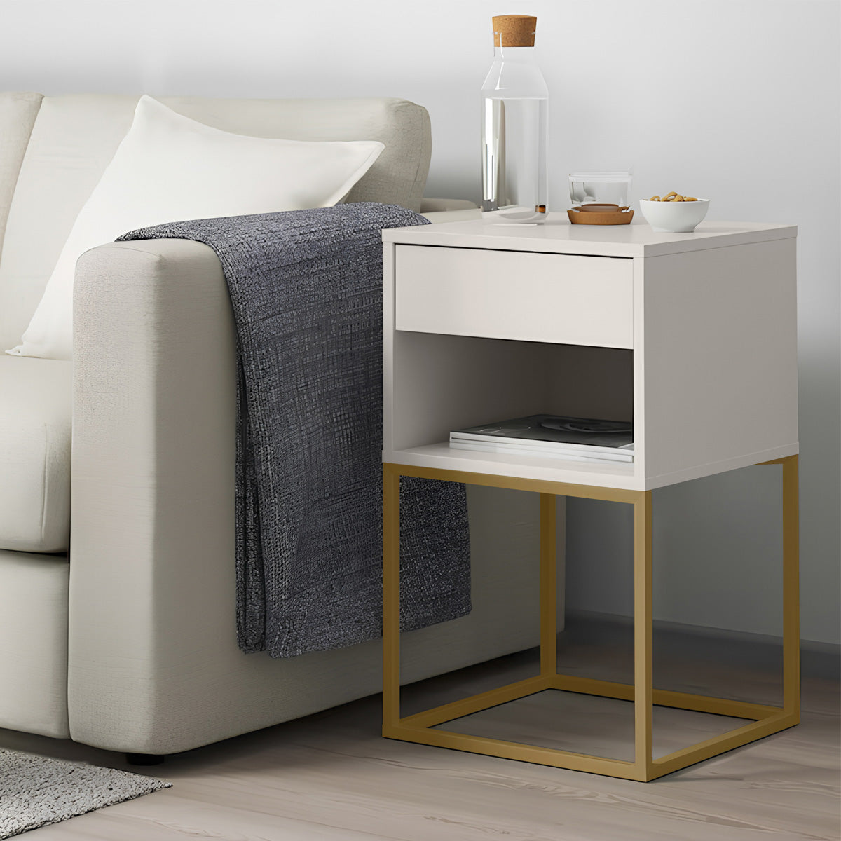 Conjunto 2 Mesas de Cabeceira Sofia Estilo Industrial 1 Gaveta Com Nicho Base de Aço - LH Móveis