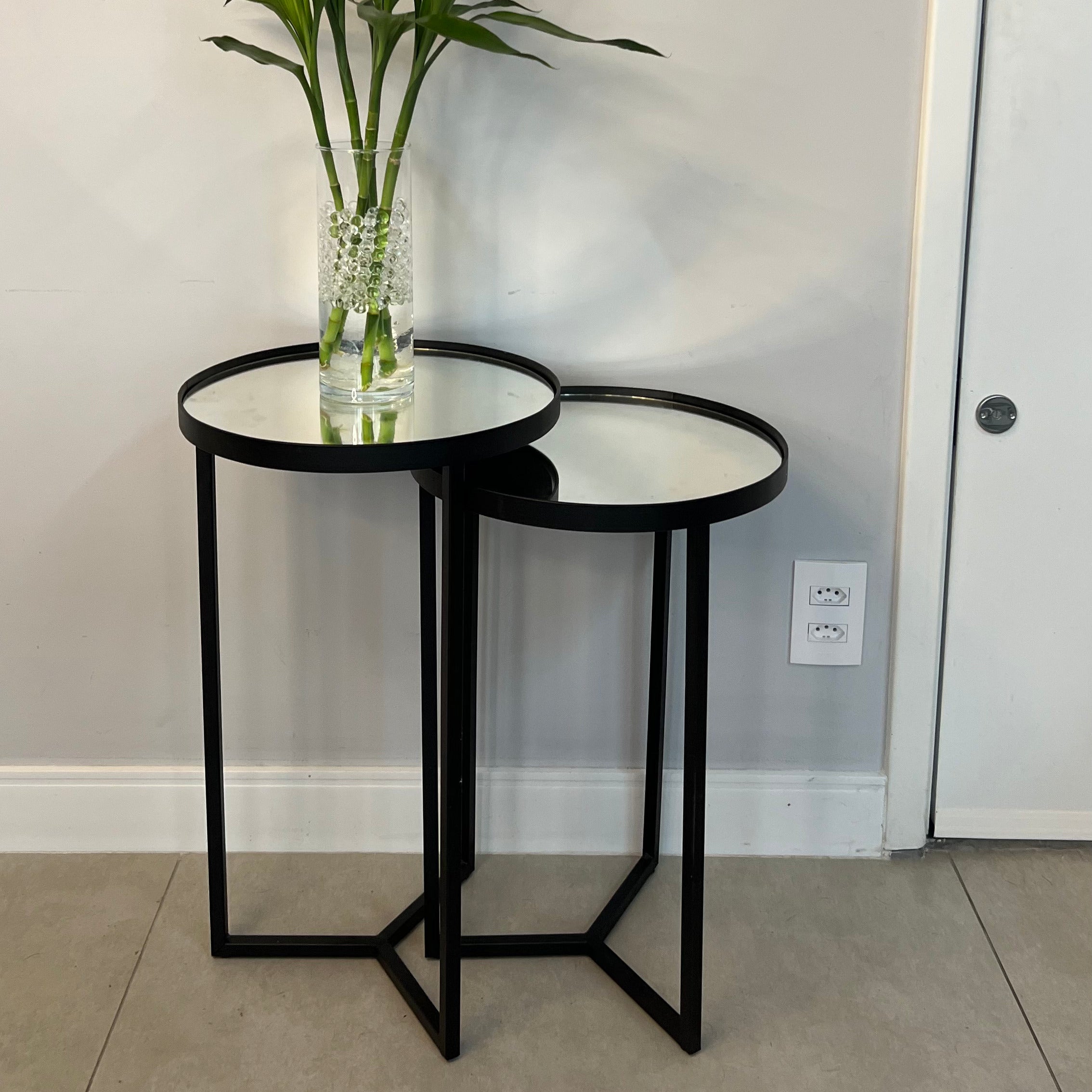 Conjunto Mesa Lateral Steel Glass Base de Aço Tampo com Espelho Estilo Industrial - LH Móveis