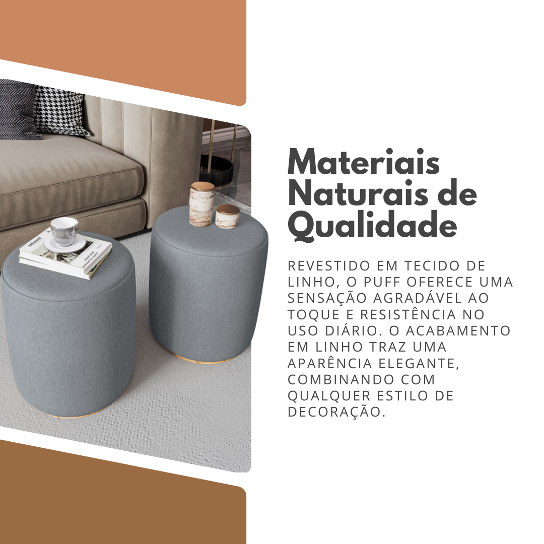 Puff Redondo Estofado Lino Unitário ou Kit Base de Madeira Revestimento em Linhão Decorativo - LH Móveis