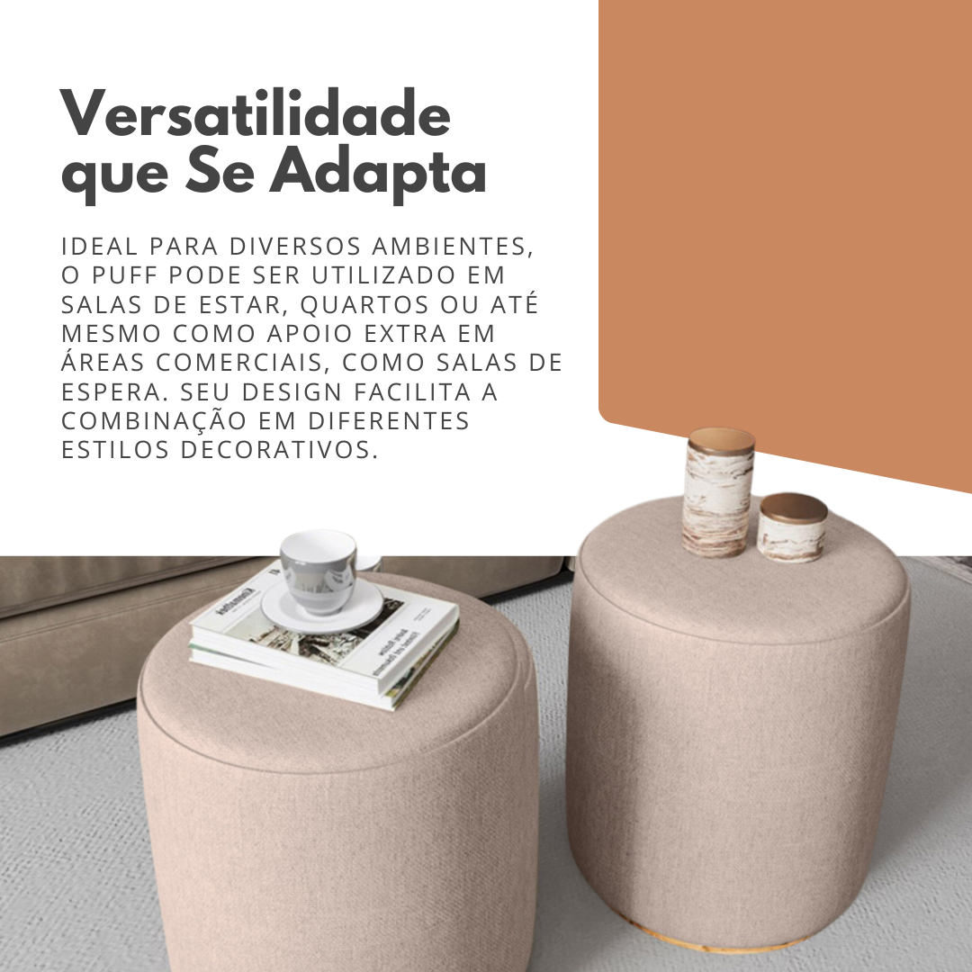 Puff Redondo Estofado Lino Unitário ou Kit Base de Madeira Revestimento em Linhão Decorativo - LH Móveis