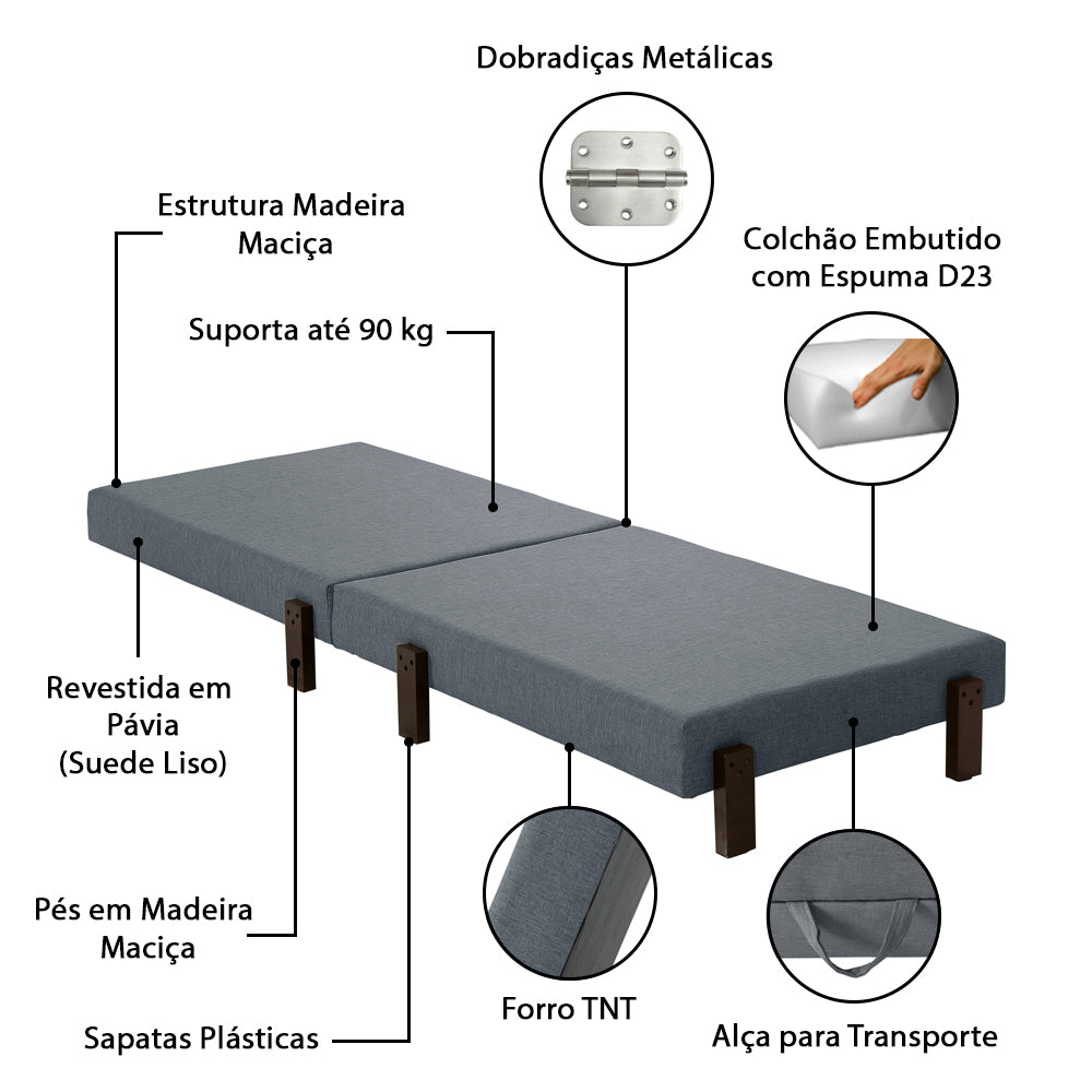 Cama Dobrável Portátil Estofada Versátil Estrutura em Madeira com Pés - LH Móveis