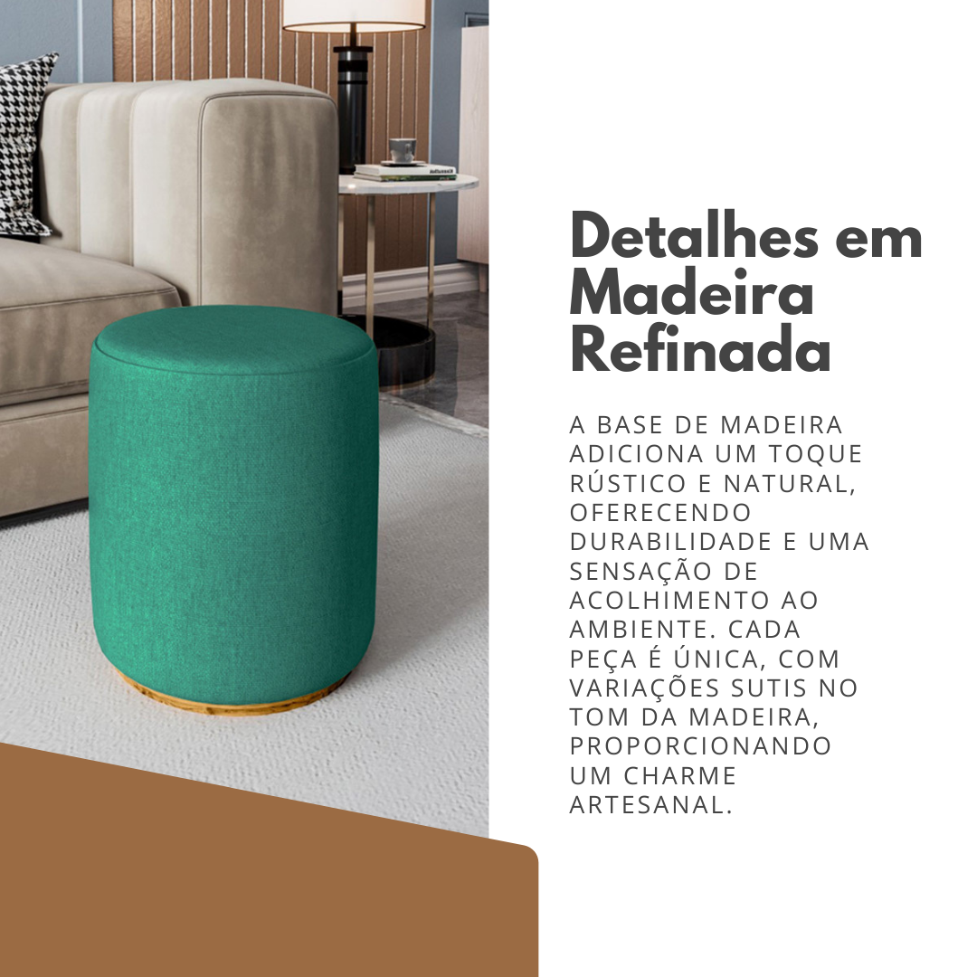 Puff Redondo Estofado Lino Unitário ou Kit Base de Madeira Revestimento em Linhão Decorativo - LH Móveis