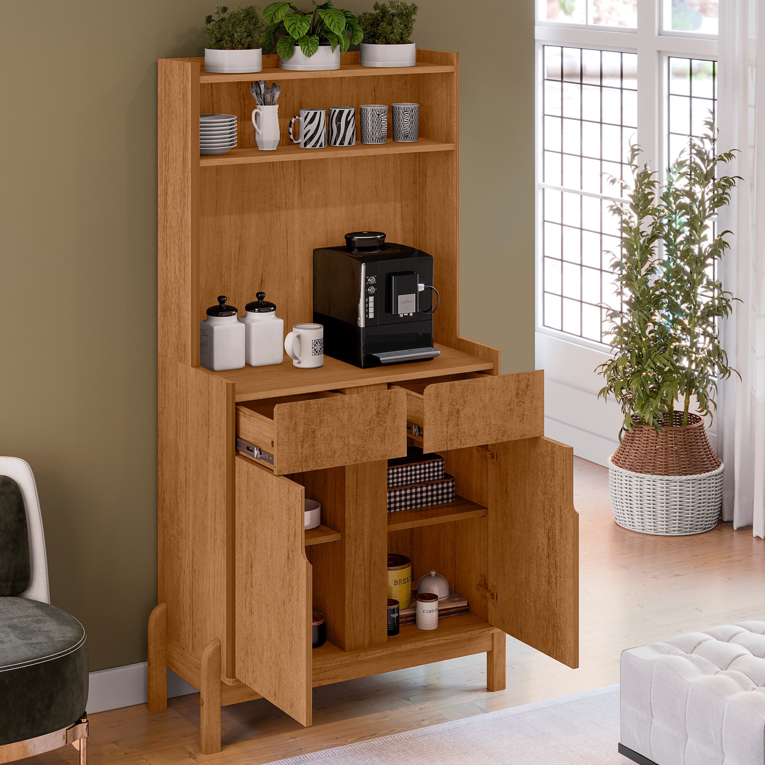 Cantinho Café Lizz com Gaveta 2 Portas Aparador para Decoração Pés de Madeira - LH Móveis
