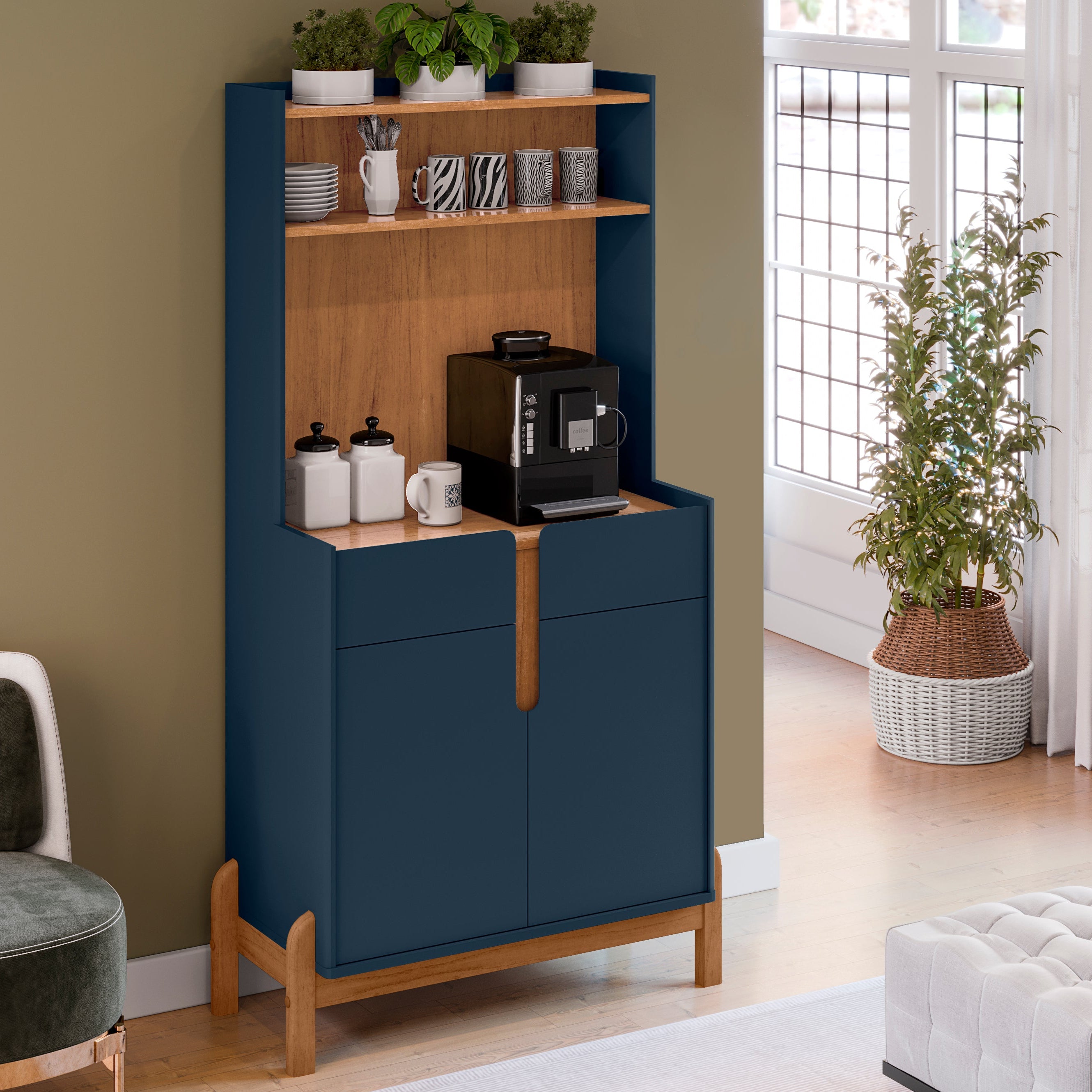 Cantinho Café Lizz com Gaveta 2 Portas Aparador para Decoração Pés de Madeira - LH Móveis