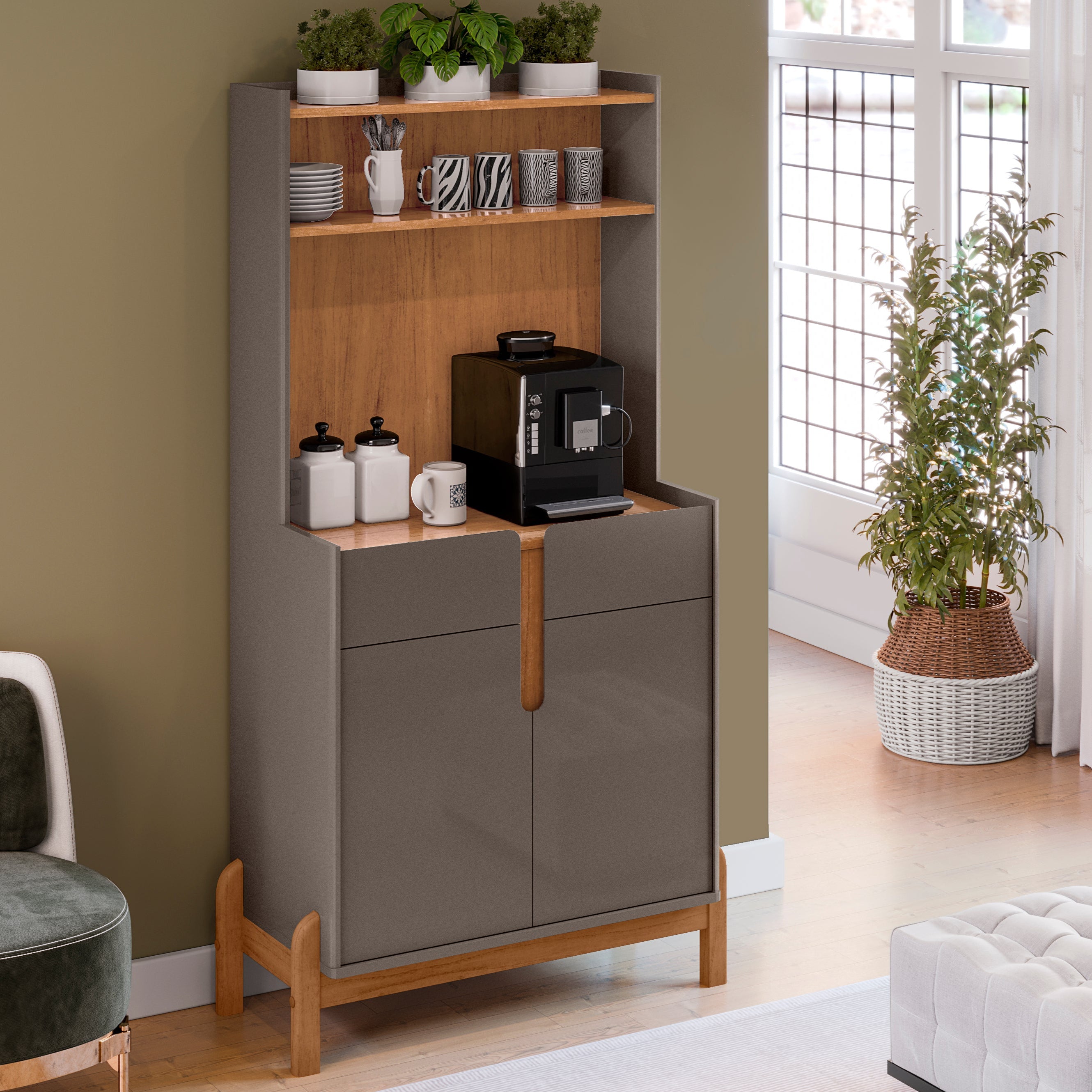 Cantinho Café Lizz com Gaveta 2 Portas Aparador para Decoração Pés de Madeira - LH Móveis