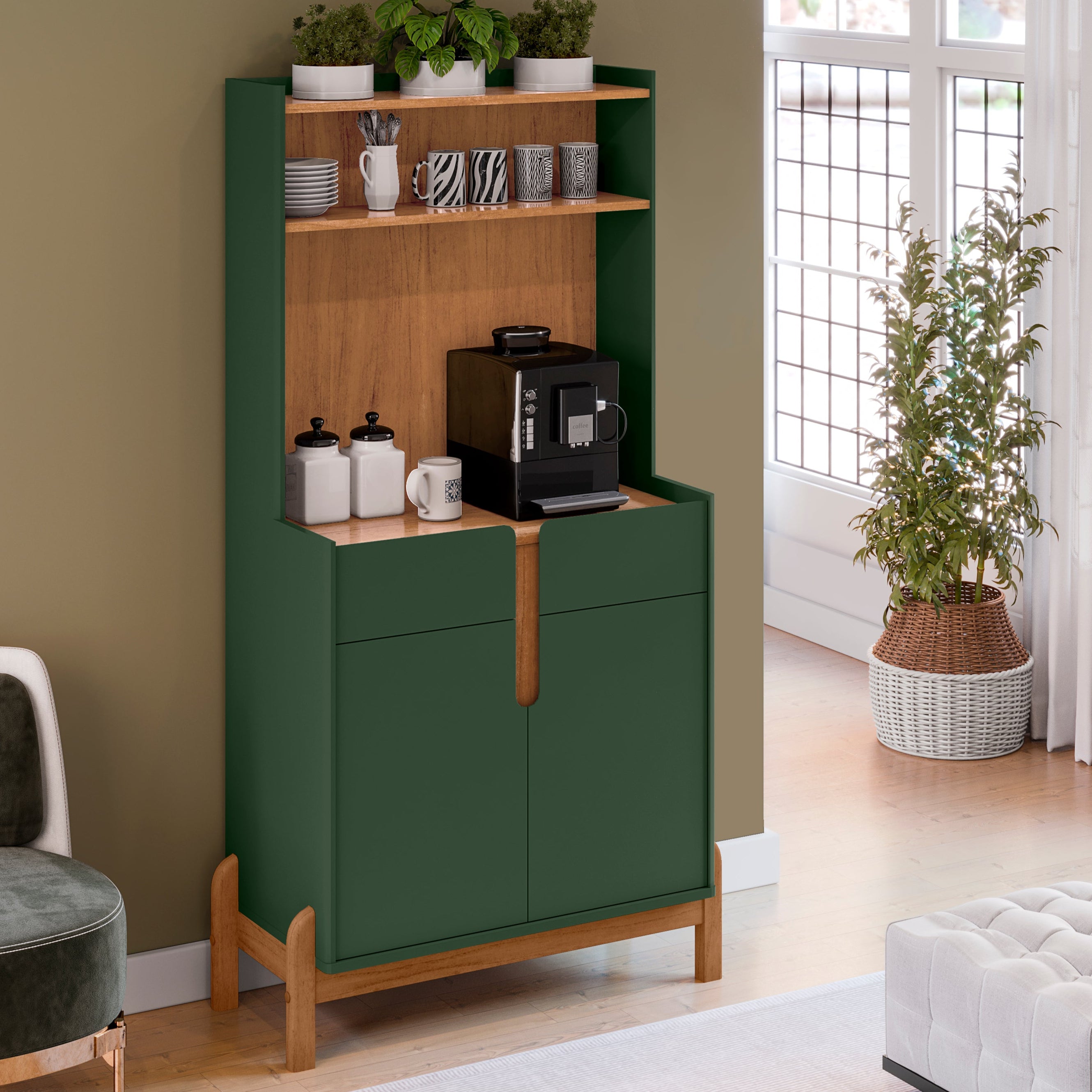 Cantinho Café Lizz com Gaveta 2 Portas Aparador para Decoração Pés de Madeira - LH Móveis