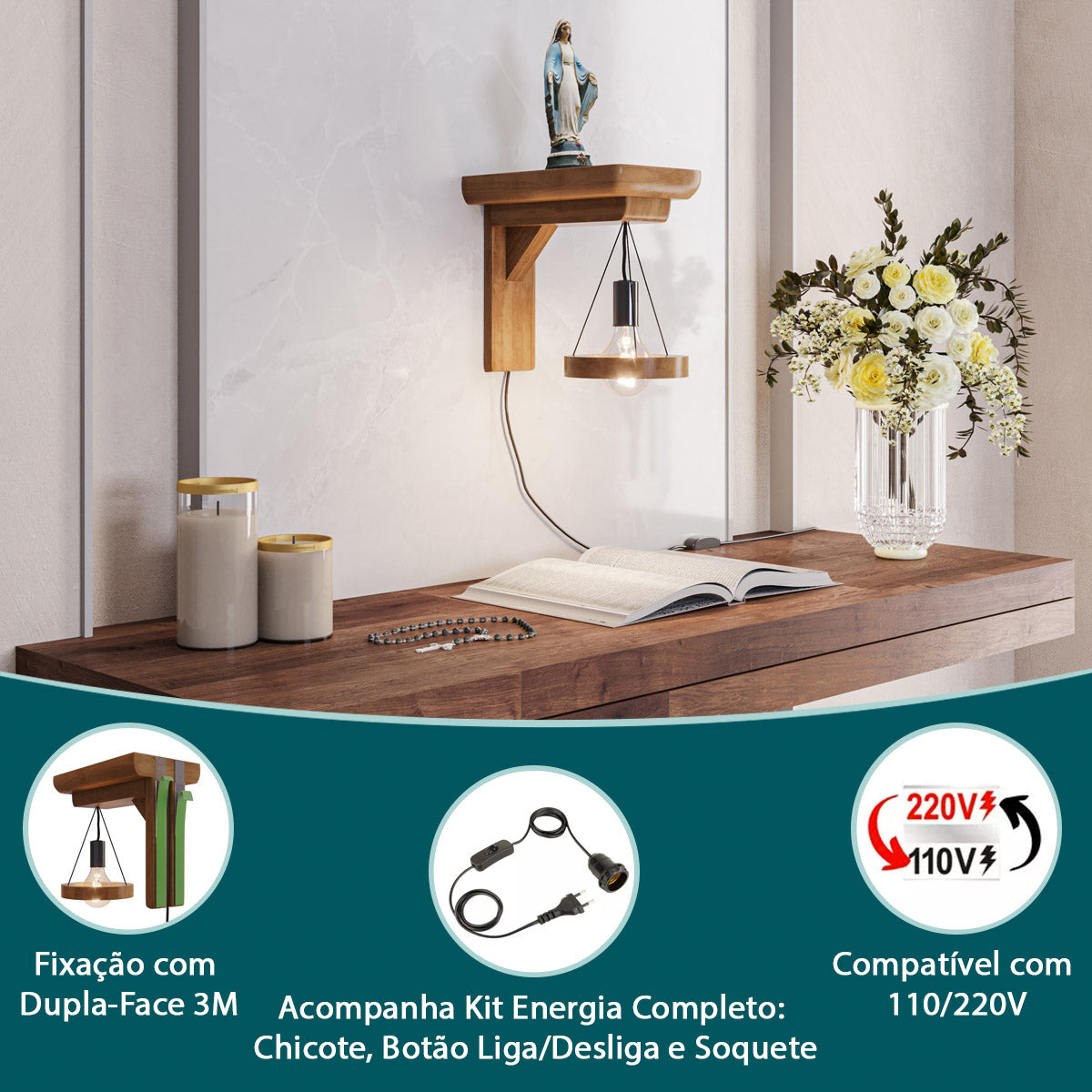 Luminária Arandela Luz De Parede 110/220V Madeira Fácil Instalação - LH Móveis
