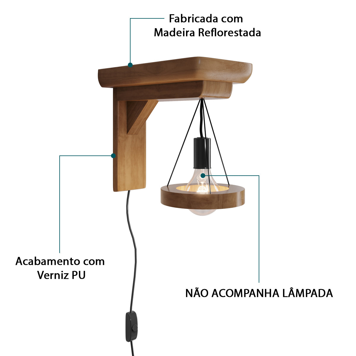 Luminária Arandela Luz De Parede 110/220V Madeira Fácil Instalação - LH Móveis