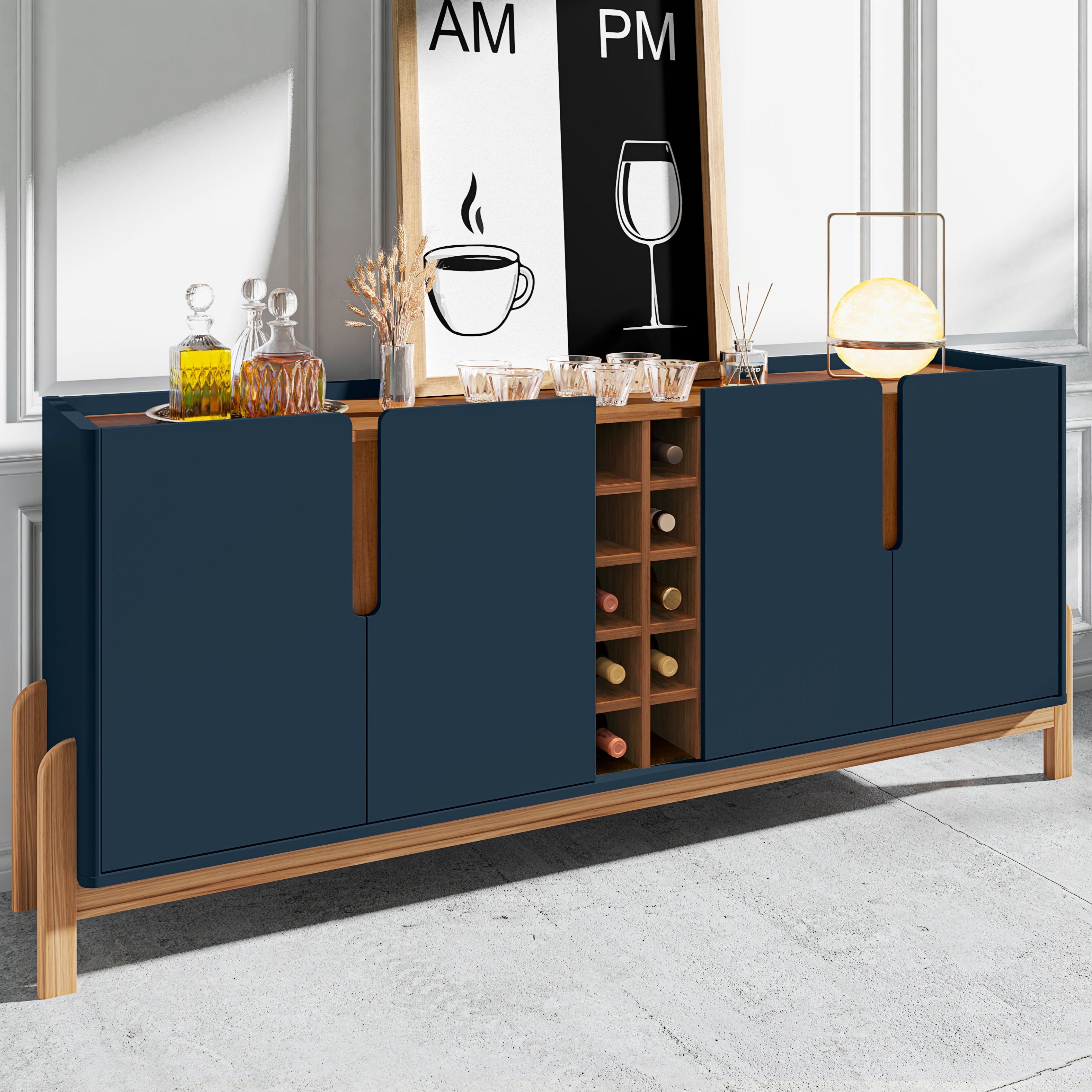 Buffet Lizz 4 Portas com Nicho para Garrafas 190cm Base de Madeira - LH Móveis