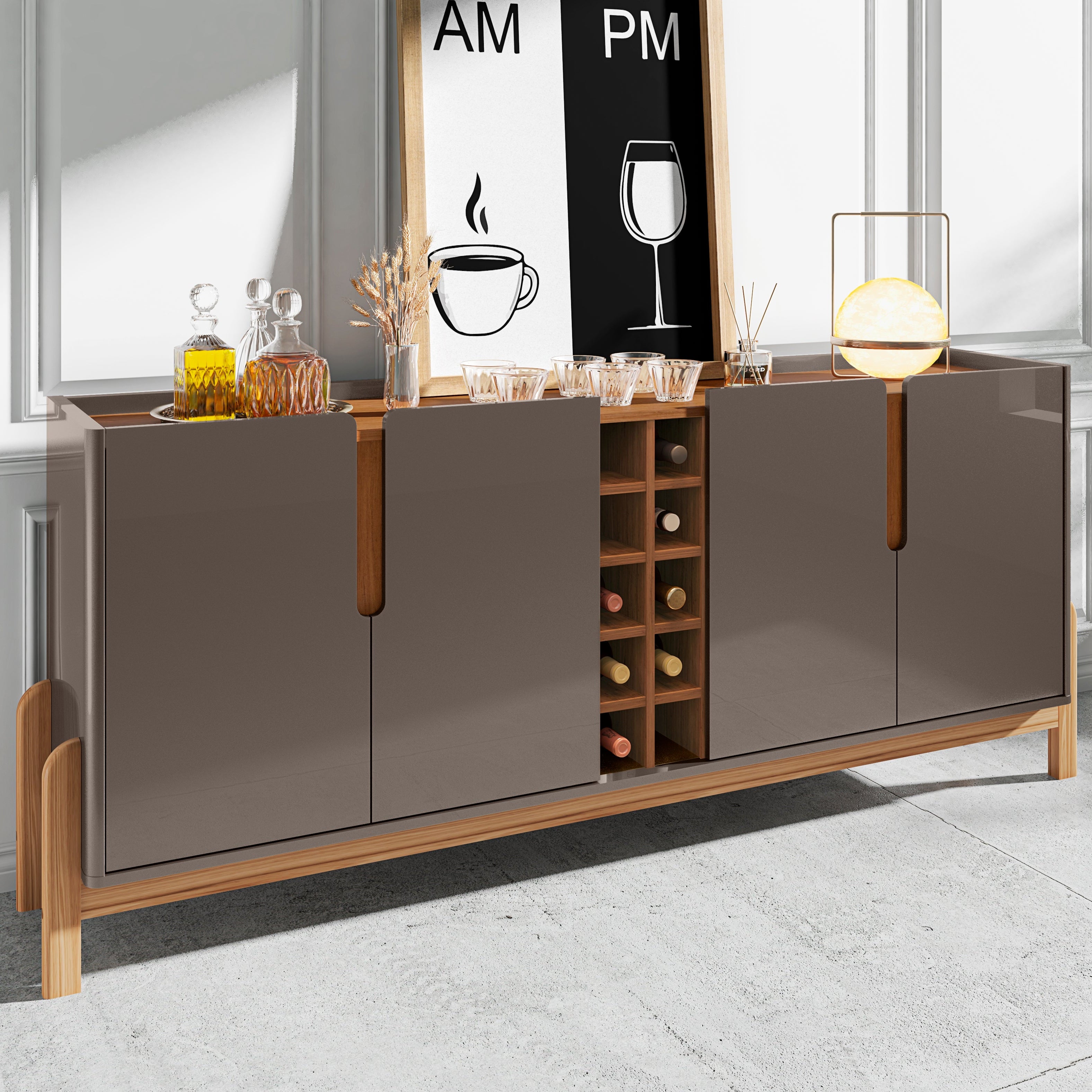 Buffet Lizz 4 Portas com Nicho para Garrafas 190cm Base de Madeira - LH Móveis
