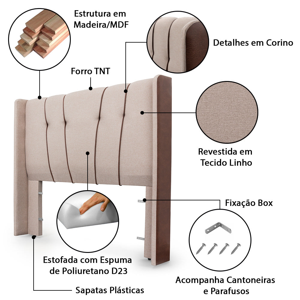 Cabeceira Estofada Luxo Para Cama Box Queen 160cm Atlanta Com Detalhes em Corino Tabaco Fixação Box - LH Móveis