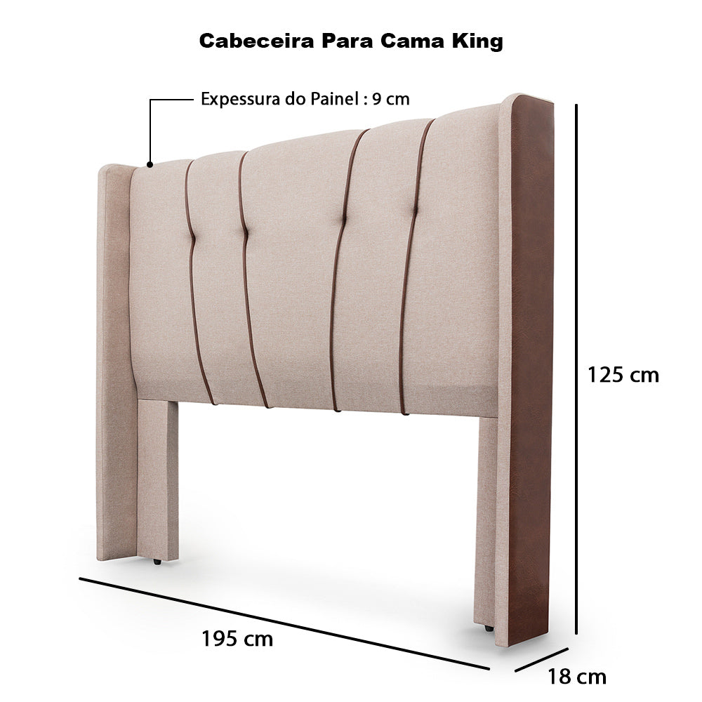 Cabeceira Estofada Atlanta Luxo Revestida em Linho com Detalhes em Corino Para Cama Box King 195cm Fixação Box - LH Móveis
