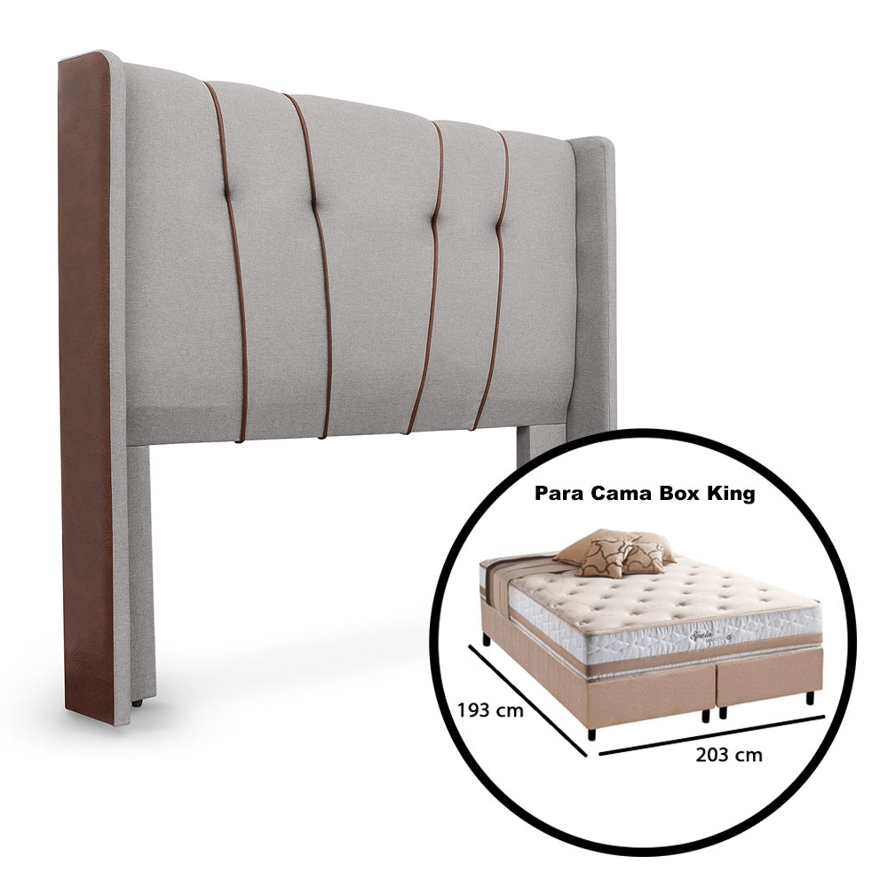 Cabeceira Estofada Atlanta Luxo Revestida em Linho com Detalhes em Corino Para Cama Box King 195cm Fixação Box - LH Móveis