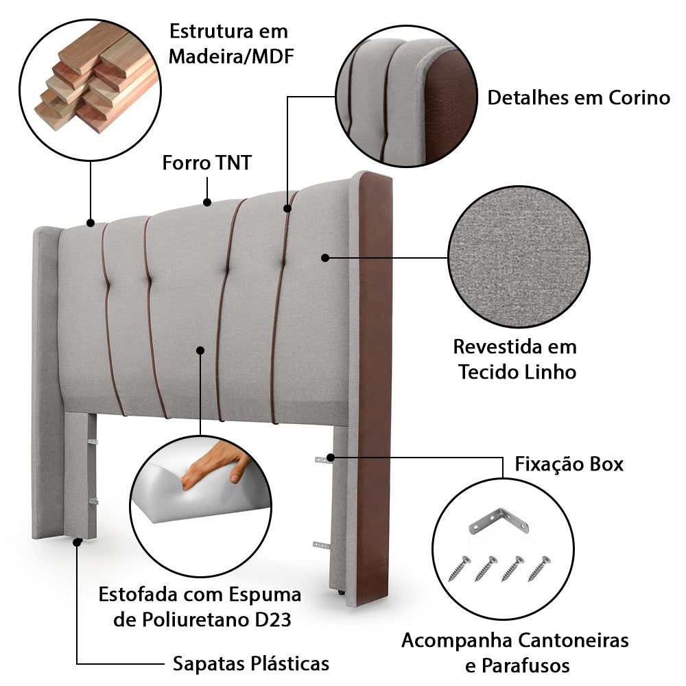 Cabeceira Estofada Luxo Com Detalhes em Corino Para Cama Box Solteiro 90cm Fixação Box Atlanta - LH Móveis