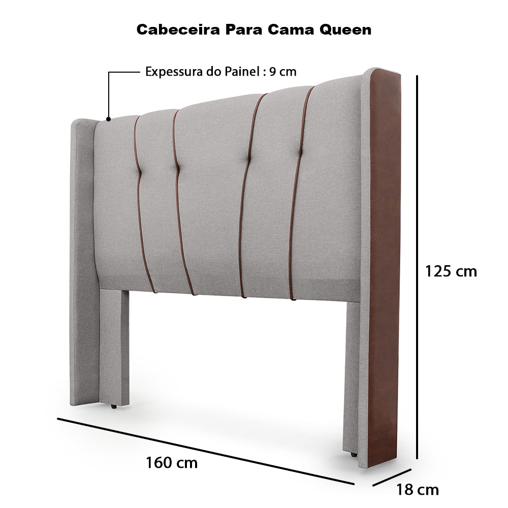 Cabeceira Estofada Luxo Para Cama Box Queen 160cm Atlanta Com Detalhes em Corino Tabaco Fixação Box - LH Móveis