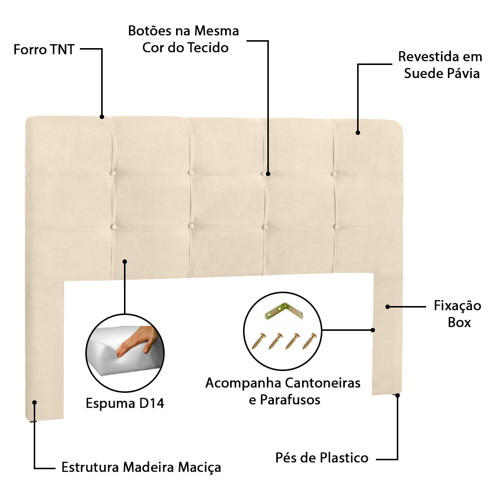 Cabeceira Estofada Hadassa para Cama Box King 195cm Detalhe em Costura com Pés Estrutura em Madeira - LH Móveis