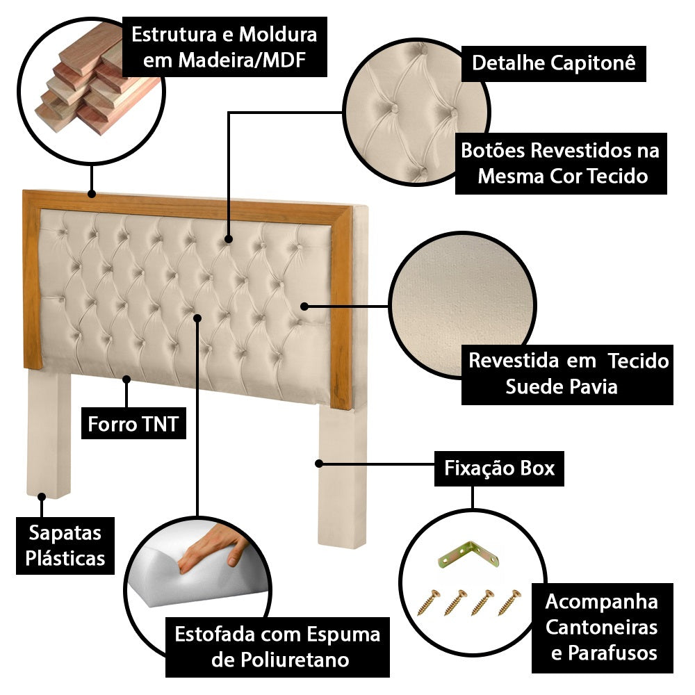 Cabeceira Para Cama Box Queen 160 cm Imperial Detalhe Capitonê Europeu com Moldura de Madeira Fixação no Box - LH Móveis