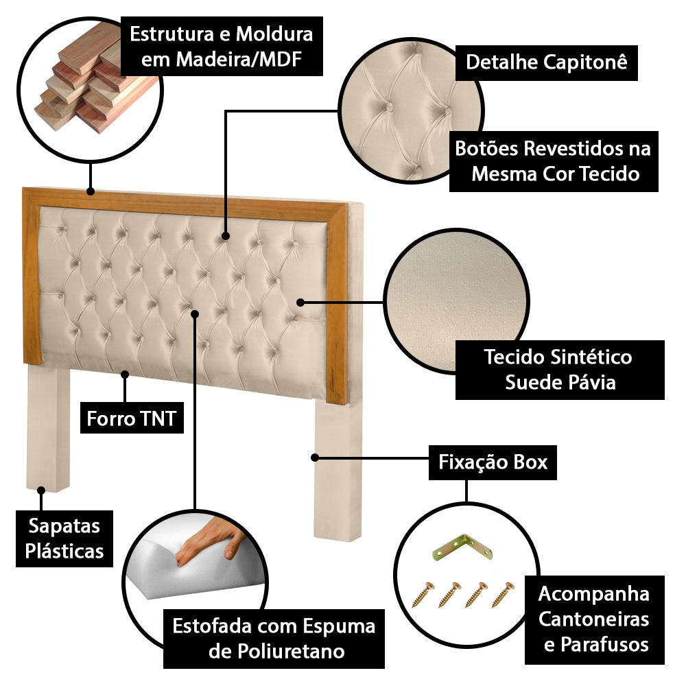 Conjunto Cabeceira com Recamier Baú Imperial Para Cama Box King 195 cm Moldura em Madeira Capitonê com Pés - LH Móveis