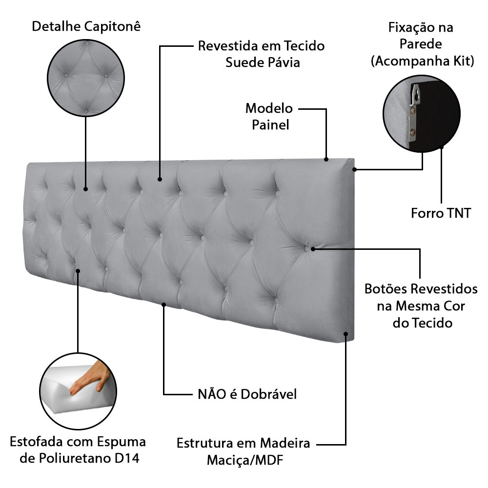 Cabeceira Intense Modelo Painel Detalhe Capitonê para Cama Box Queen 160 cm Fixação na Parede - LH Móveis