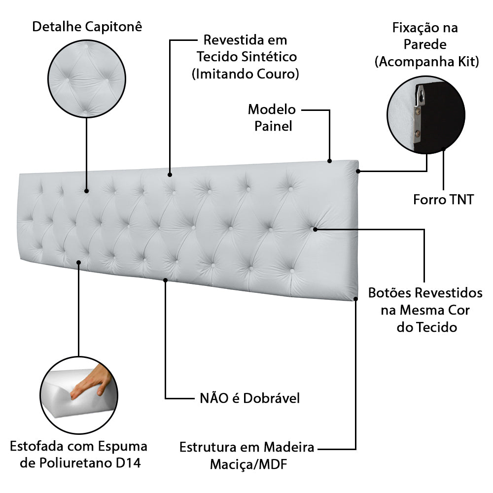 Cabeceira Painel para Cama Box King 195cm Intense Estofada Fixação na Parede com Detalhe Capitonê - LH Móveis