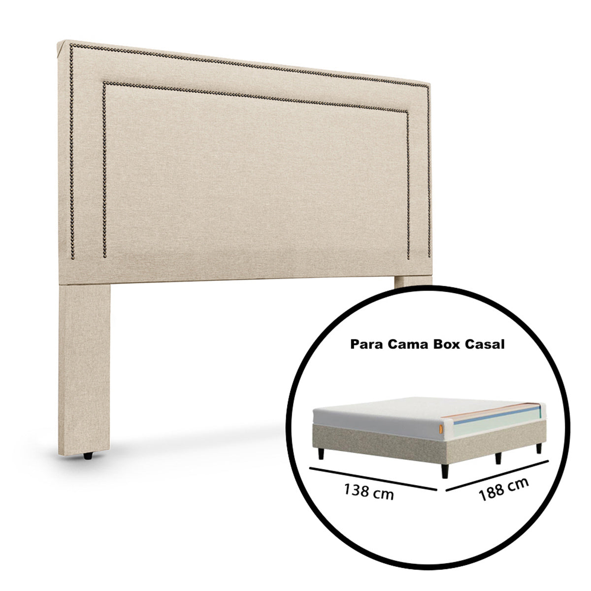 Cabeceira Estufada com Tachinhas de Metal para Cama Box Casal 140 cm Madri Fixação no Box - LH Móveis