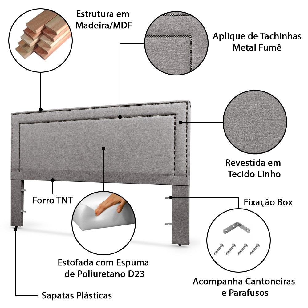 Cabeceira Madri com Tachinhas de Metal Estofada para Cama Box King 195cm com Pés Fixação no Box - LH Móveis