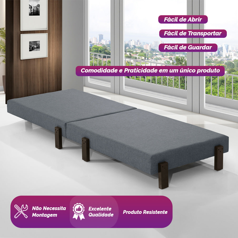 Cama Dobrável Portátil Estofada Versátil Estrutura em Madeira com Pés - LH Móveis