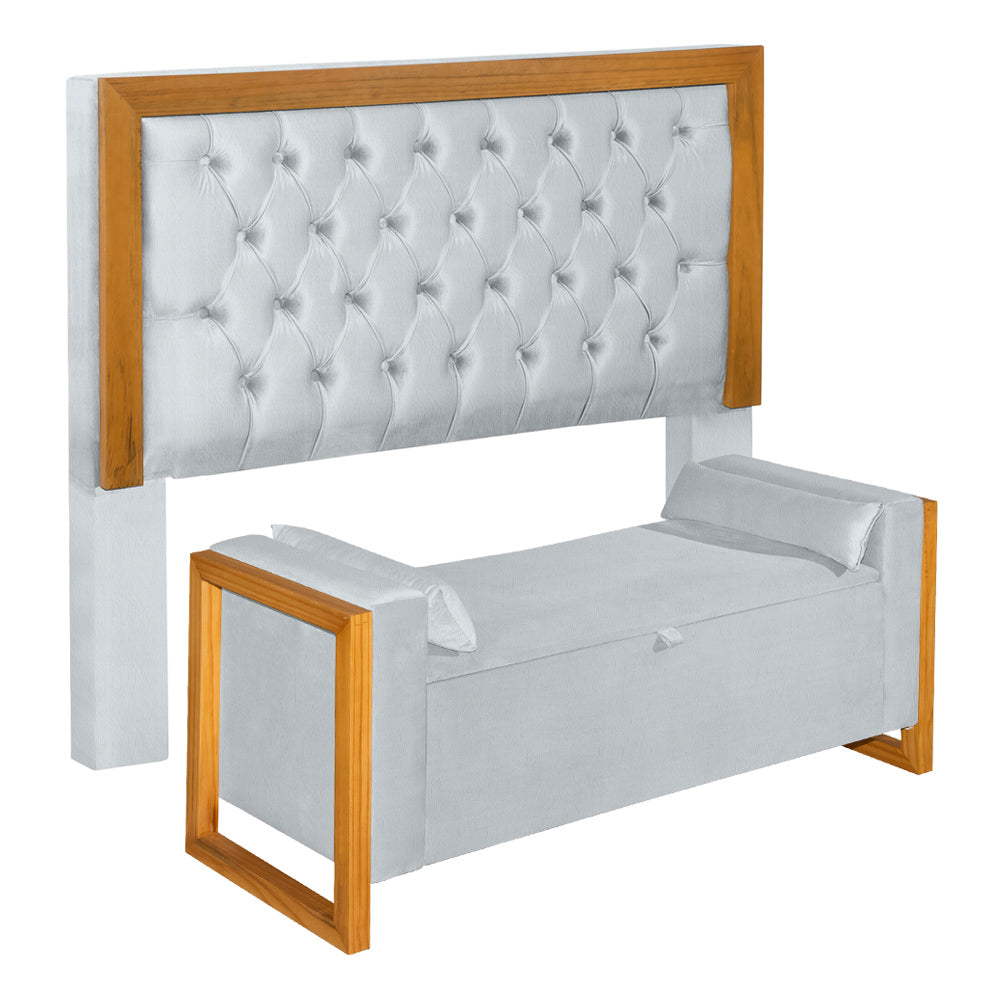 Conjunto Cabeceira com Recamier Baú Imperial Para Cama Box King 195 cm Moldura em Madeira Capitonê com Pés - LH Móveis