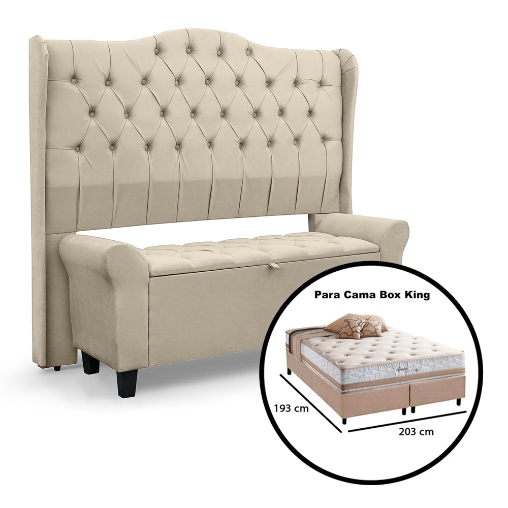 Conjunto Dubai Para Cama Box King 195cm Cabeceira Com Recamier Baú Divã Capitonê Fixação no Box - LH Móveis