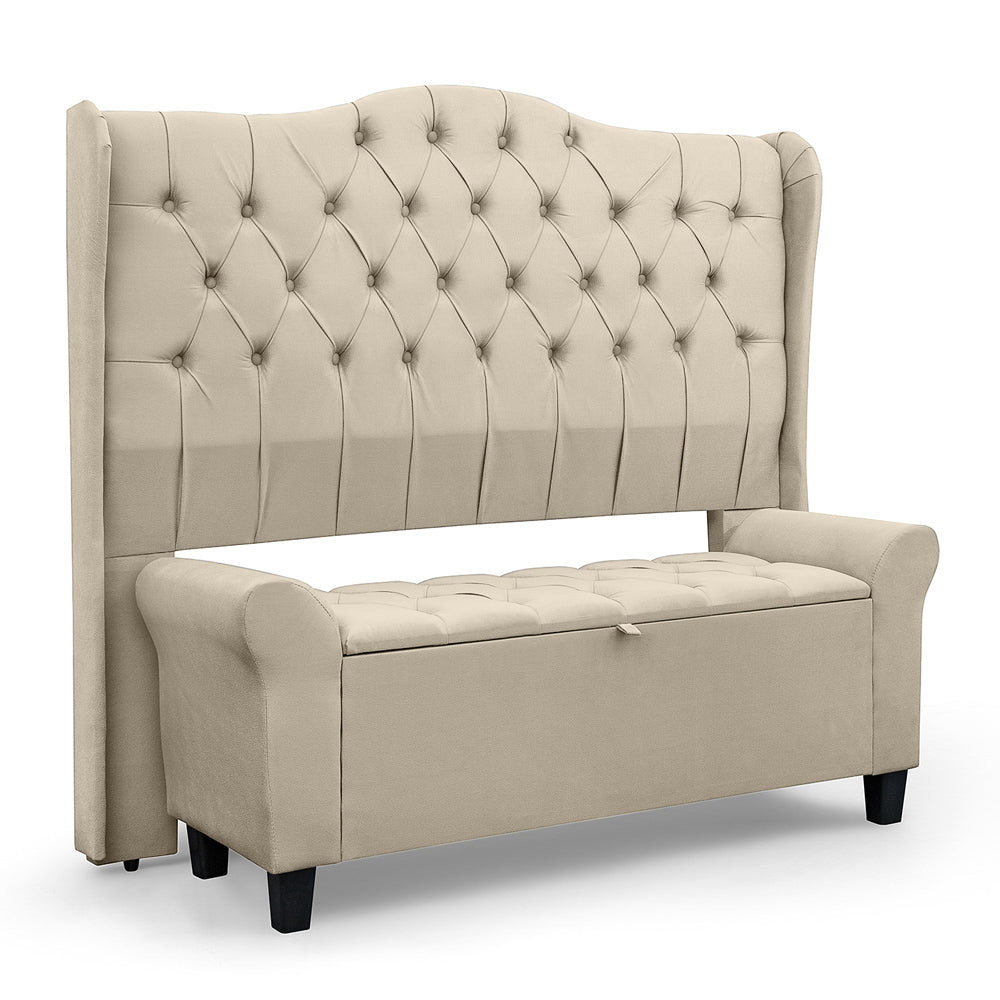 Conjunto Para Cama Box Queen 160cm Dubai Cabeceira Com Recamier Baú Fixação no Box Capitonê- LH Móveis