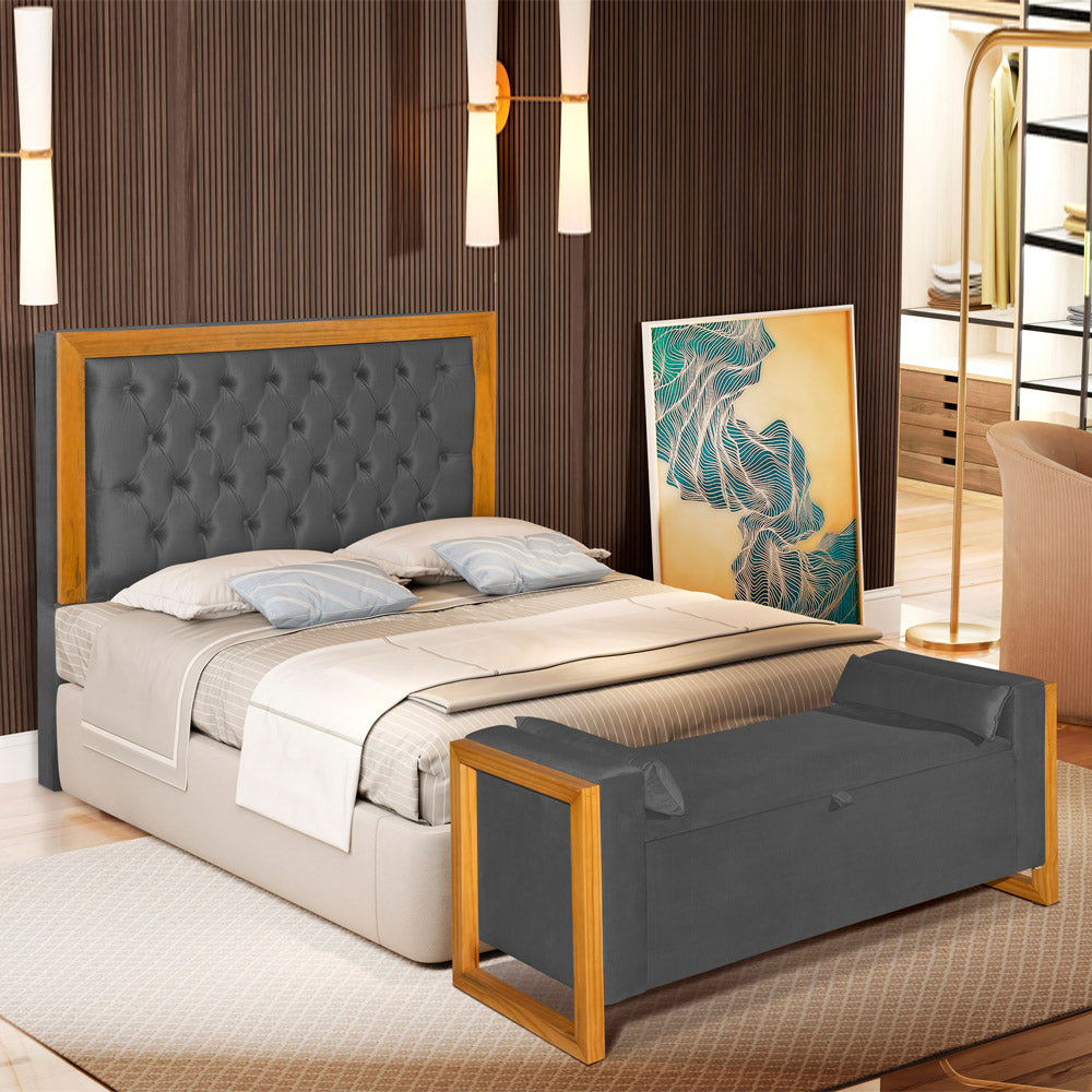 Conjunto Para Cama Box Casal 140cm Cabeceira com Recamier Baú Imperial Capitonê Moldura em Madeira - LH Móveis