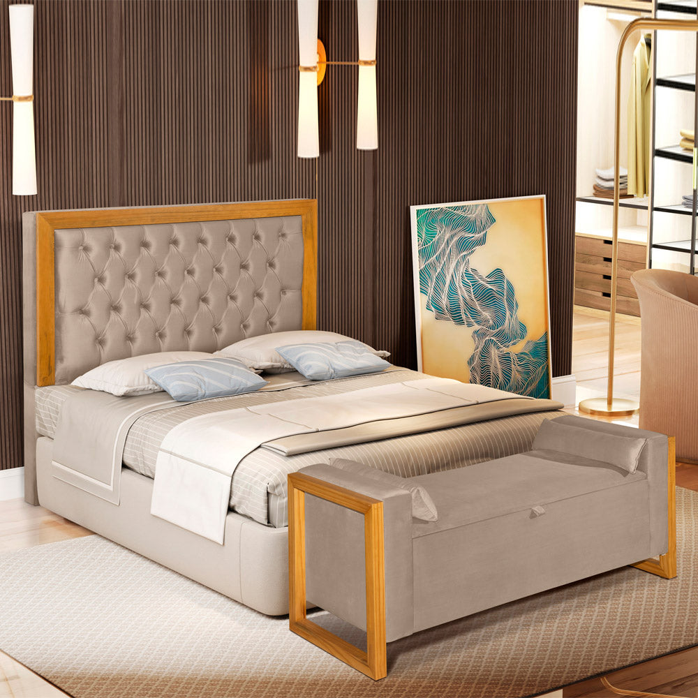 Conjunto Para Cama Box Casal 140cm Cabeceira com Recamier Baú Imperial Capitonê Moldura em Madeira - LH Móveis
