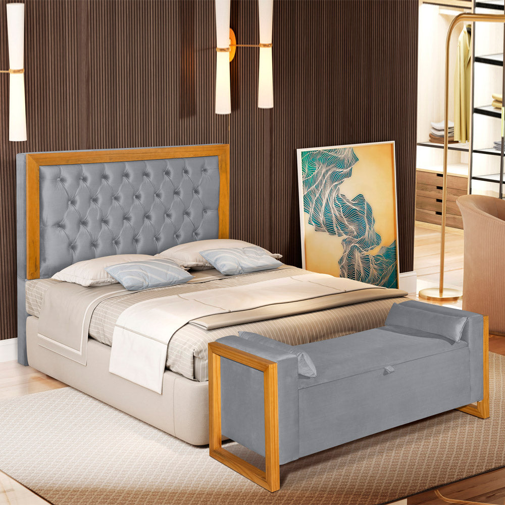 Conjunto Para Cama Box Casal 140cm Cabeceira com Recamier Baú Imperial Capitonê Moldura em Madeira - LH Móveis