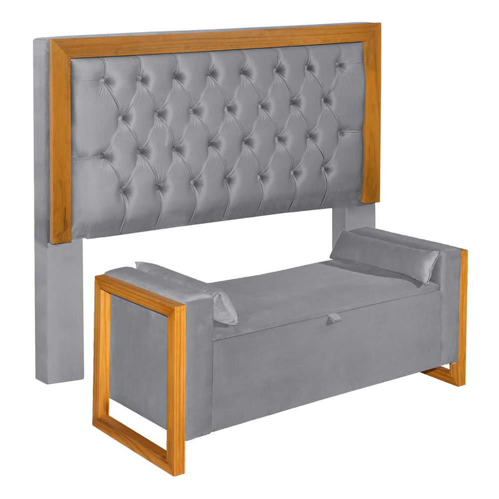 Conjunto Para Cama Box Casal 140cm Cabeceira com Recamier Baú Imperial Capitonê Moldura em Madeira - LH Móveis