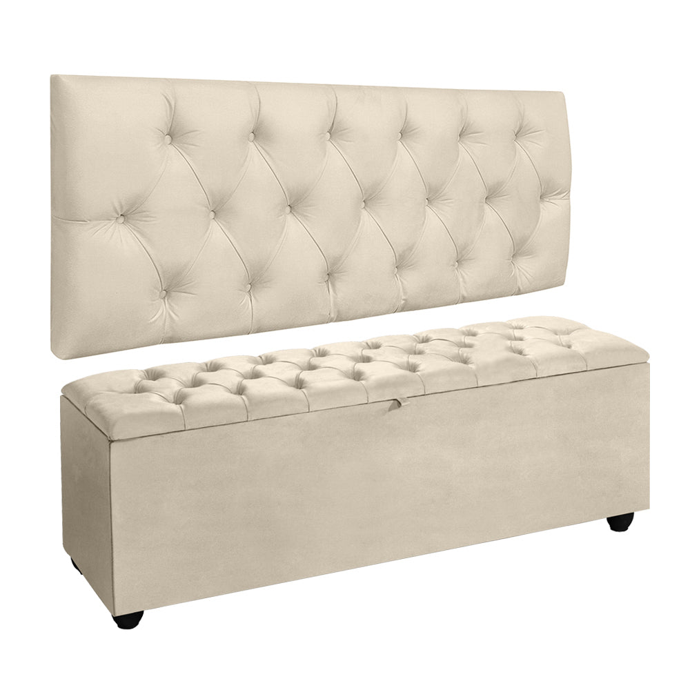 Conjunto Estofado Intense Para Cama Casal 140cm Cabeceira Com Recamier Baú Detalhe Capitonê - LH Móveis