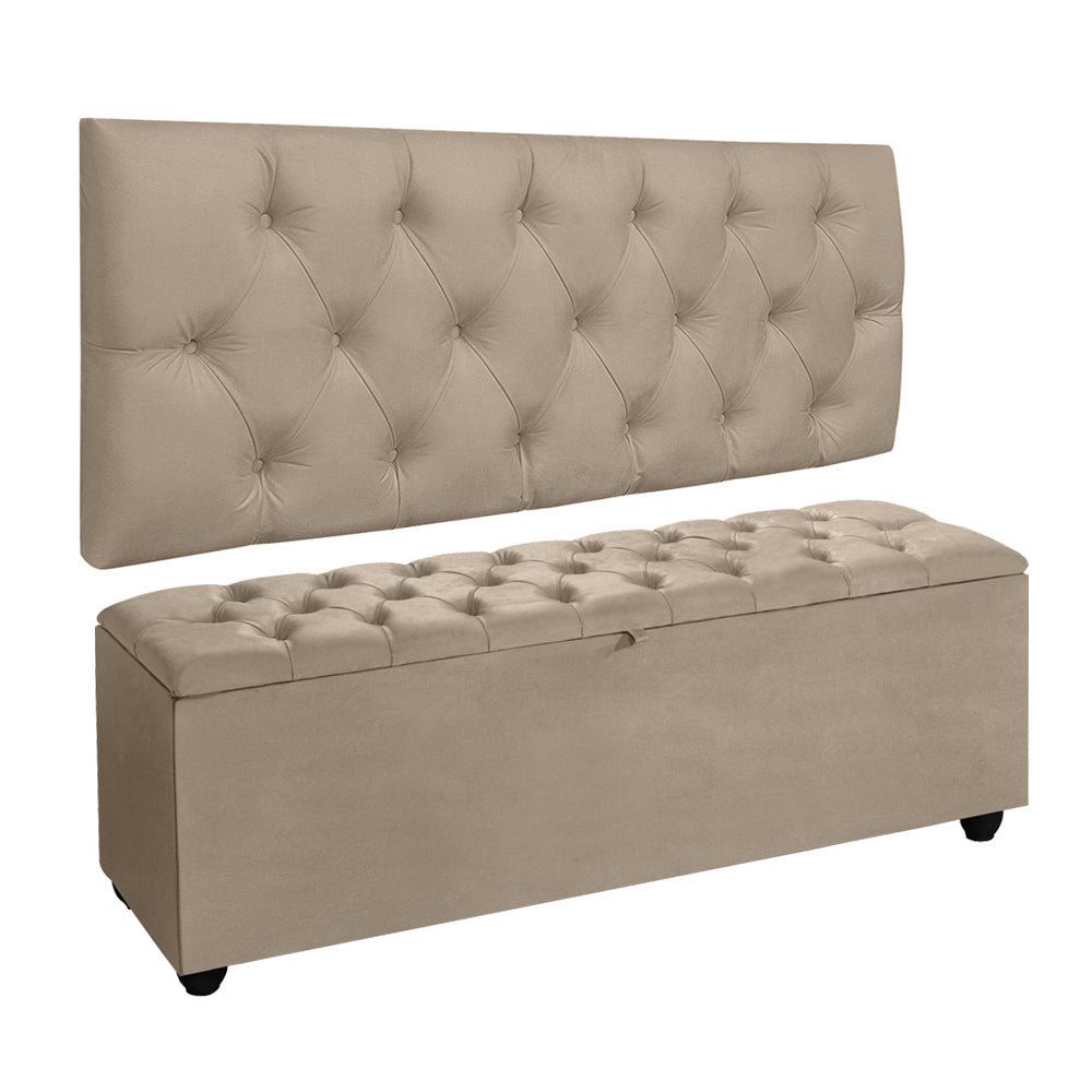 Conjunto Intense Cabeceira com Baú Recamier Estofado para Cama Queen 160cm Detalhe Capitonê - LH Móveis