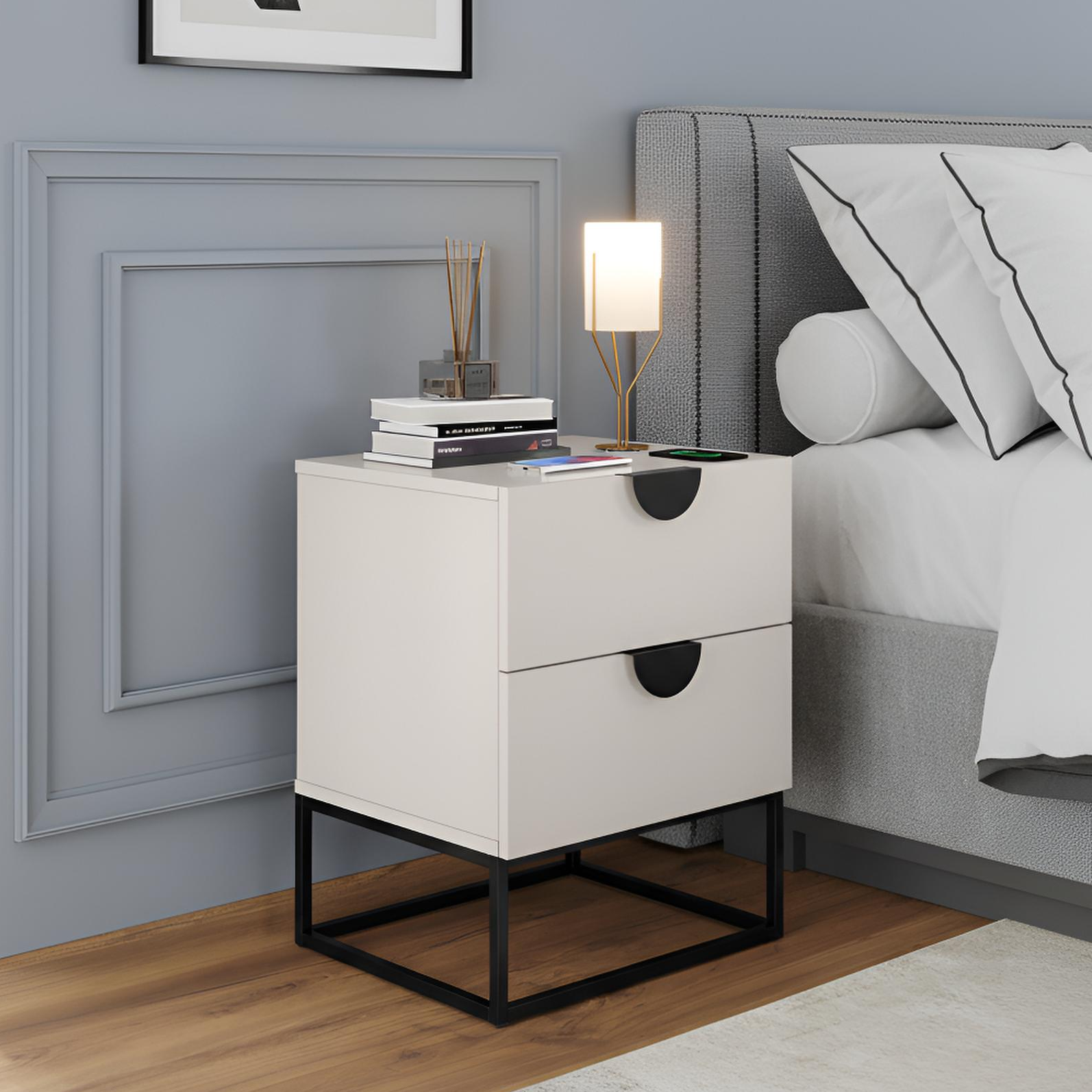 Mesa de Cabeceira Steel Luxo Modelo Industrial Com Pés de Aço e Puxador Meia Lua - LH Móveis