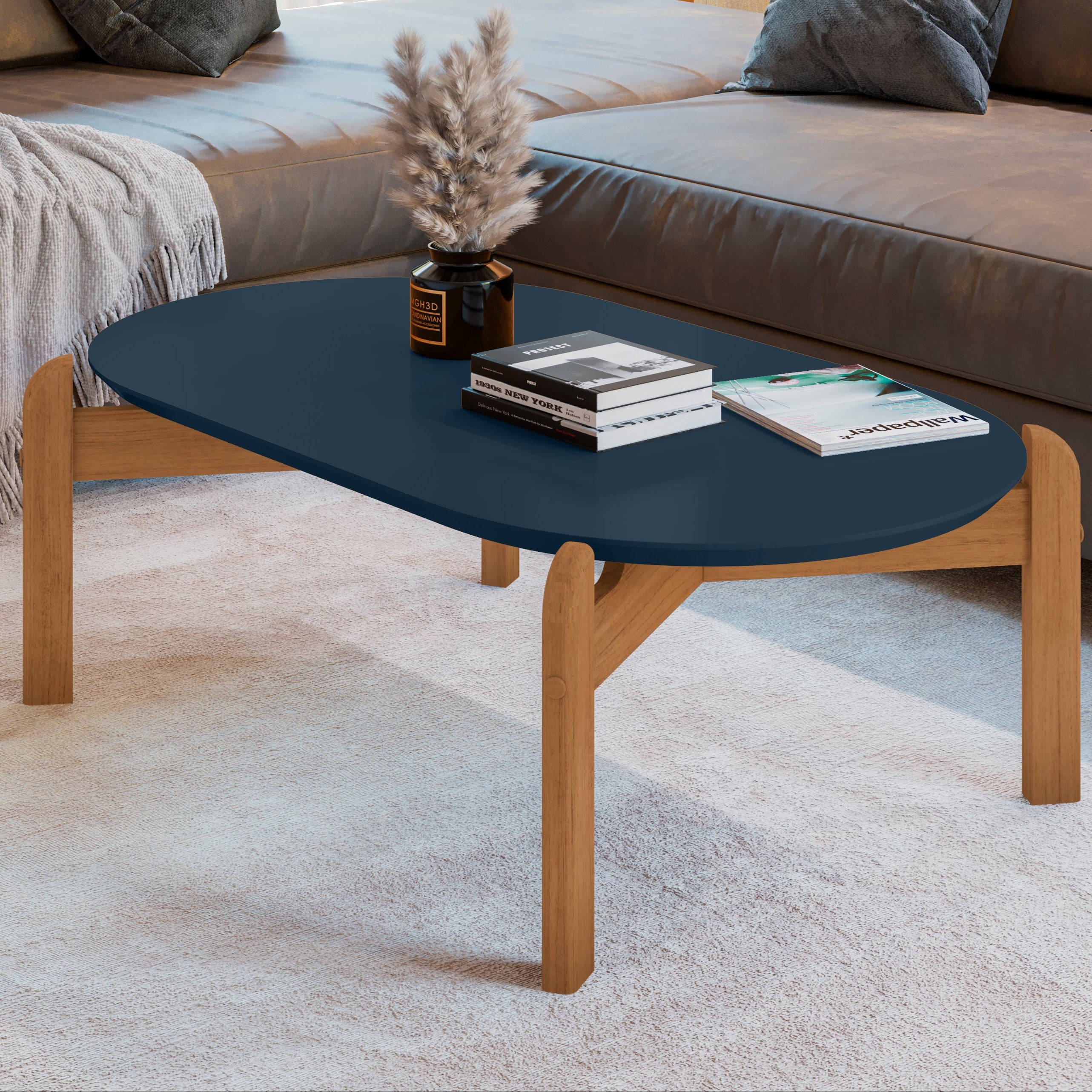 Mesa de Centro Lizz Apoio Base de Madeira Tampo Oblongo Decorativa - LH Móveis